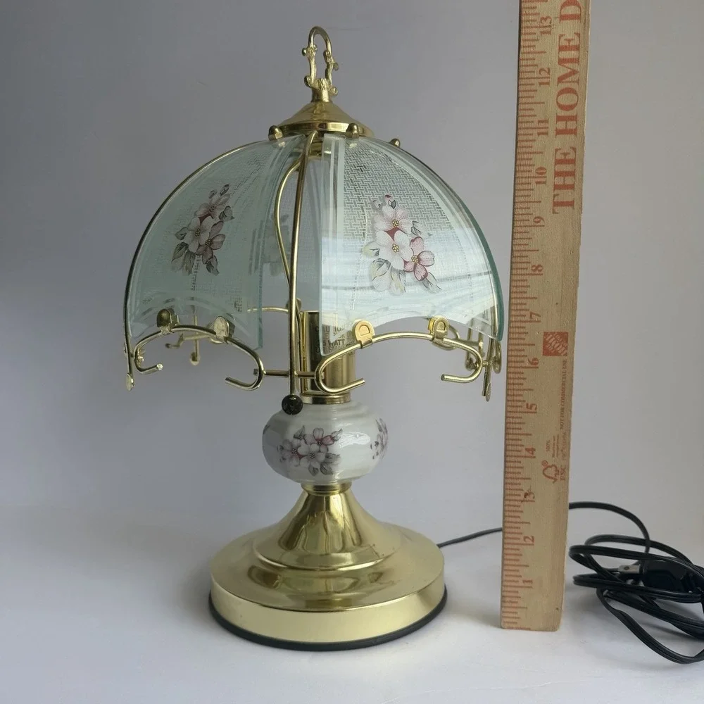 VTG 90s Touch Lamp Printed Floral Design Glass Small Table Lamp *Flaw*